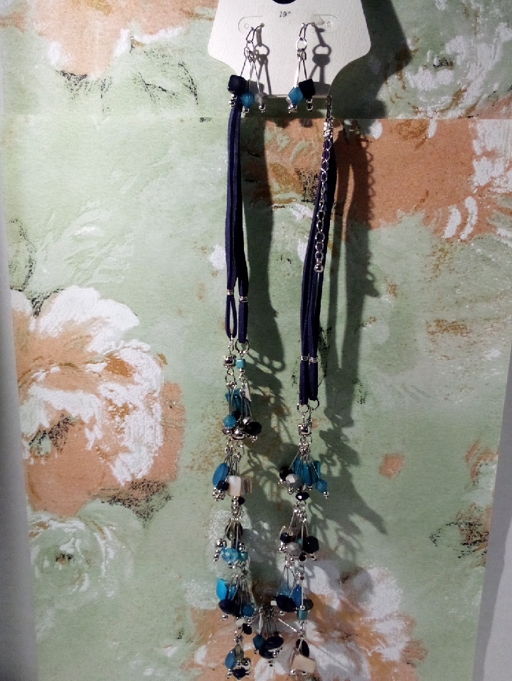 Blue Long Tassel Necklace/Earrings Set Women Jewelry